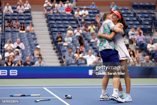 Harri Heliovaara of Finland and Anna Danilina of Kazakhstan celebrate after defeating Jessica Pegula of the United States and Austin Krajicek of the...