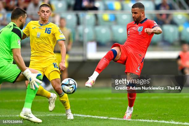 Kyle Walker of England scores the team's first goal during the UEFA EURO 2024 European qualifier match between Ukraine and England at Stadion Wroclaw...
