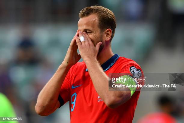 Harry Kane of England reacts during the UEFA EURO 2024 European qualifier match between Ukraine and England at Stadion Wroclaw on September 09, 2023...