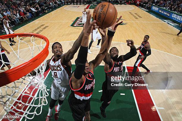 Jared Jeffries of the Portland Trail Blazers grabs the rebound in mid-air against the Milwaukee Bucks on March 19, 2013 at the BMO Harris Bradley...
