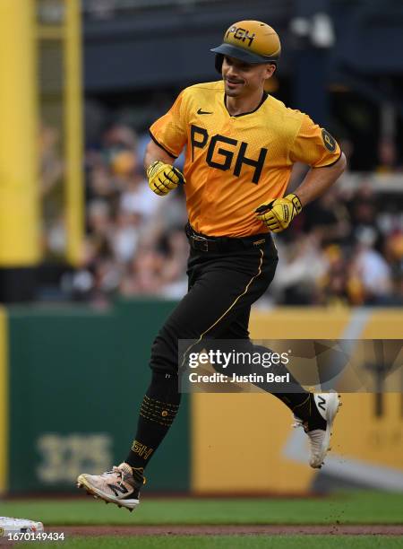 Bryan Reynolds of the Pittsburgh Pirates rounds the bases after hitting a two run home run in the first inning during the game against the New York...