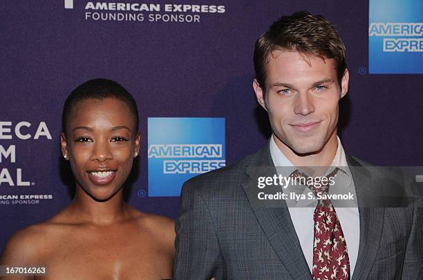 Actor Brock Harris poses with guest at the "G.B.F." world premiere during the 2013 Tribeca Film Festival on April 19, 2013 in New York City.