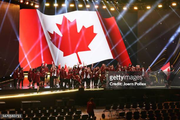 Team Canada are presented on stage during the opening ceremony of the Invictus Games Düsseldorf 2023 at Merkur Spiel-Arena on September 09, 2023 in...