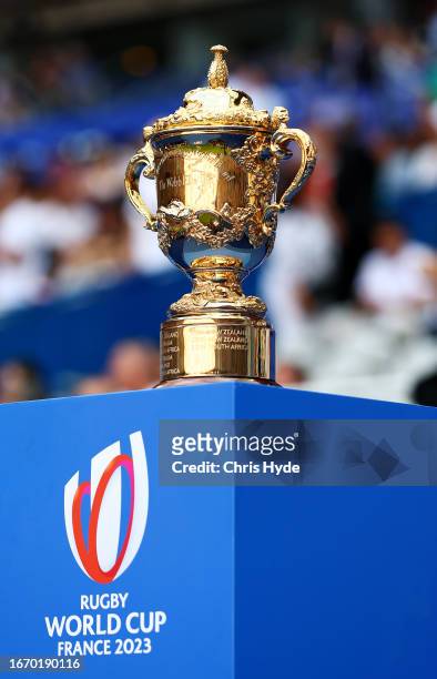 The Webb Ellis Cup is displayed during the Rugby World Cup France 2023 match between Australia and Georgia at Stade de France on September 09, 2023...