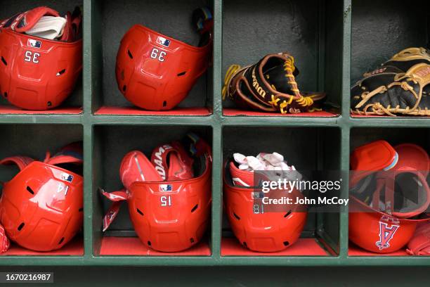 Shohei Ohtani's of the Los Angeles Angels helmet is missing from the dugout after he ended his season with an injury before the Angels played the...