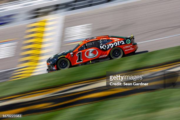 Ross Chastain, driver of the Kubota Chevrolet, drives during qualifying for the NASCAR Cup Series Hollywood Casino 400 at Kansas Speedway on...