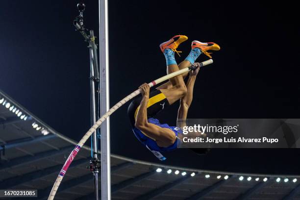 Ernest John Obiena of Philippines competes in the Pole Vault men during the AG Memorial Van Damme Diamond League meeting at King Baudouin Stadium on...