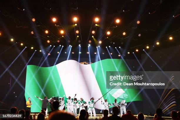 Team Nigeria are presented on stage during the opening ceremony of the Invictus Games Düsseldorf 2023 at Merkur Spiel-Arena on September 09, 2023 in...