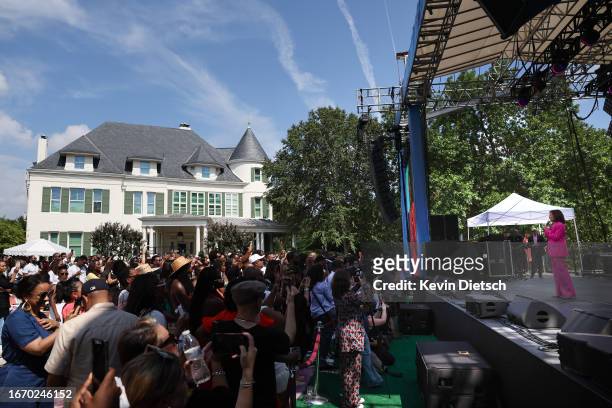 Vice President Kamala Harris delivers remarks at an event celebrating the 50th anniversary of Hip Hop, at the Vice President's residence on September...