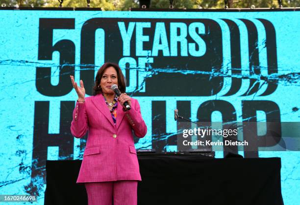 Vice President Kamala Harris delivers remarks at an event celebrating the 50th anniversary of Hip Hop, at the Vice President's residence on September...