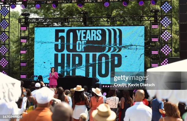 Vice President Kamala Harris delivers remarks at an event celebrating the 50th anniversary of Hip Hop, at the Vice President's residence on September...