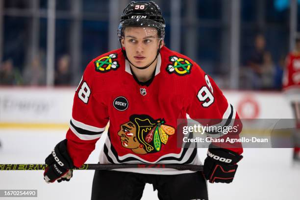 Connor Bedard of the Chicago Blackhawks looks towards the bench during the first period of the Tom Kurvers Prospect Showcase against the St Louis...