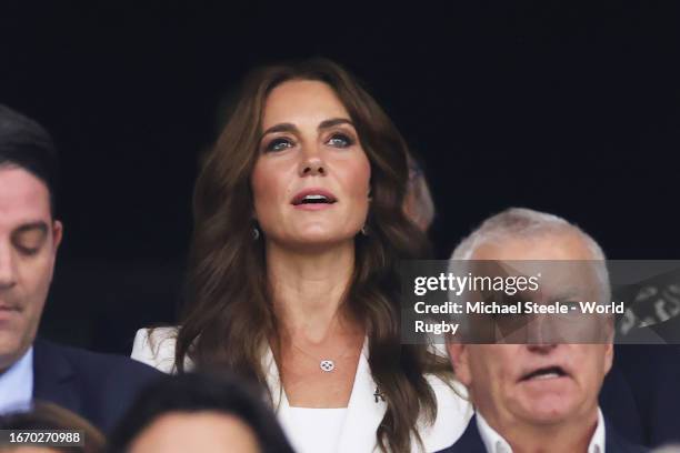 Catherine, Princess of Wales and Patron of the England Rugby Football Union , sings the national anthem prior to the Rugby World Cup France 2023...