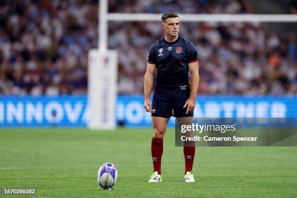 George Ford of England stands over a penalty during the Rugby World Cup France 2023 match between England and Argentina at Stade Velodrome on...