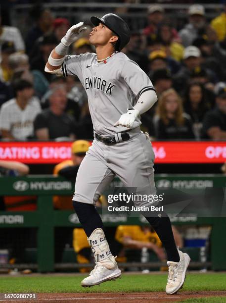 Oswaldo Cabrera of the New York Yankees reacts as he rounds the bases after hitting a solo home run in the eighth inning during the game against the...