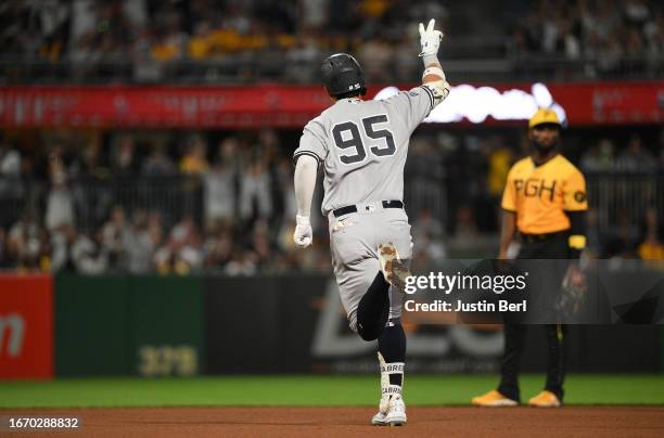 Oswaldo Cabrera of the New York Yankees reacts as he rounds the bases after hitting a solo home run in the eighth inning during the game against the...