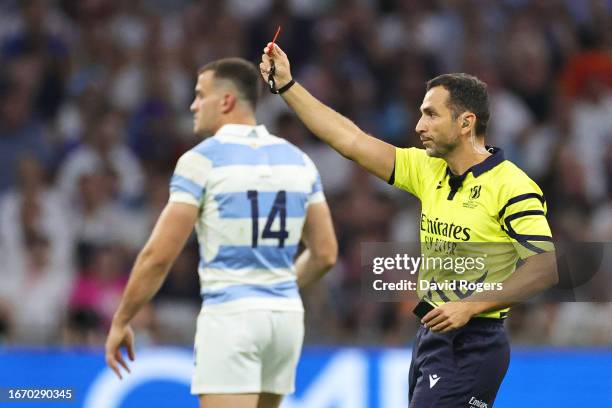 Tom Curry of England is shown a Red Card by Referee Mathieu Raynal, after the 8-Minute TMO Bunker Review escalates the initial Yellow Card decision...