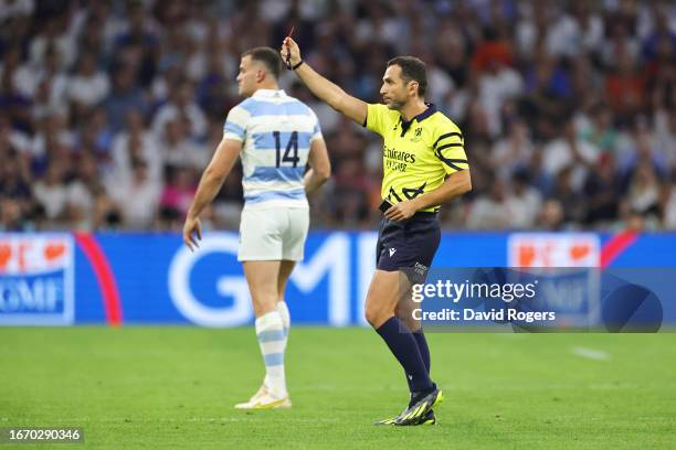 Tom Curry of England is shown a Red Card by Referee Mathieu Raynal, after the 8-Minute TMO Bunker Review escalates the initial Yellow Card decision...