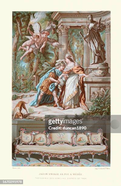jason committing his faith to médée, tapestry of the gobelins, after troy, 18th century french art - classical style stock illustrations