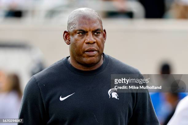 Mel Tucker head coach of the Michigan State Spartans looks on before a game against the Richmond Spiders at Spartan Stadium on September 09, 2023 in...