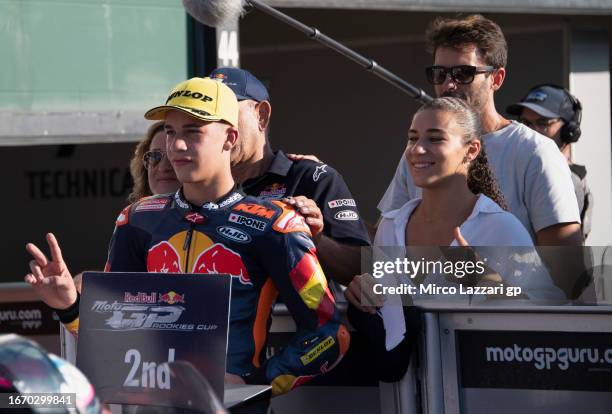 Angel Piqueras of Spain celebrates the second place during the Red Bull MotoGP Rookies Cup 2023 race 1 during the MotoGP Of San Marino - Qualifying...