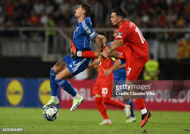Mattia Zaccagni of Italy in action during the UEFA EURO 2024 European qualifier match between North Macedonia and Italy at National Arena Todor...