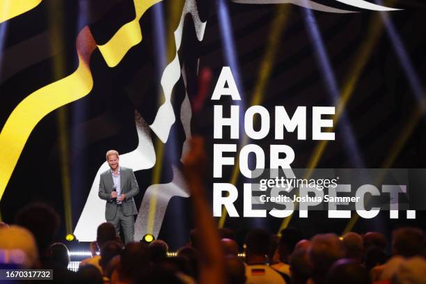 Prince Harry, Duke of Sussex onstage during the opening ceremony of the Invictus Games Düsseldorf 2023 on September 09, 2023 in Düsseldorf, Germany.