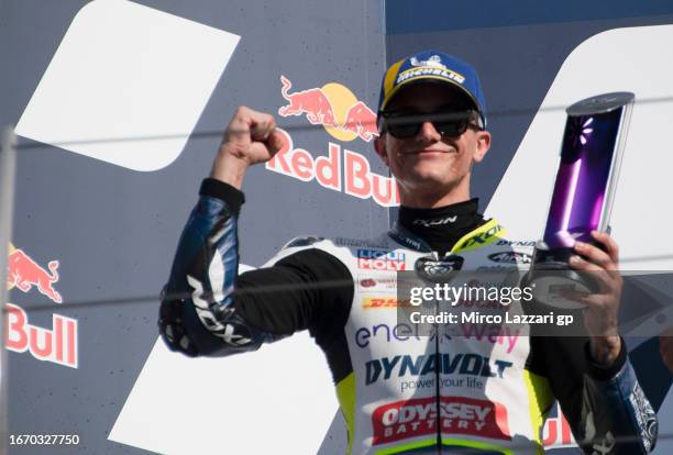 Hector Garzo of Spain and Dynavolt Intact GP MotoE celebrates the second place on the podium during the MotoE race 2 during the MotoGP Of San Marino...