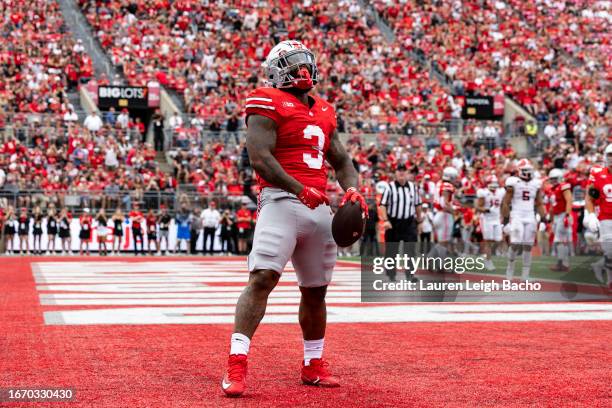 Miyan Williams of the Ohio State Buckeyes celebrates during the fourth quarter of the game against the Youngstown State Penguins at Ohio Stadium on...