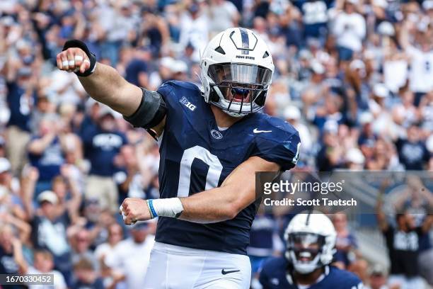 Dominic DeLuca of the Penn State Nittany Lions celebrates after returning an interception for a touchdown against the Delaware Fightin Blue Hens...