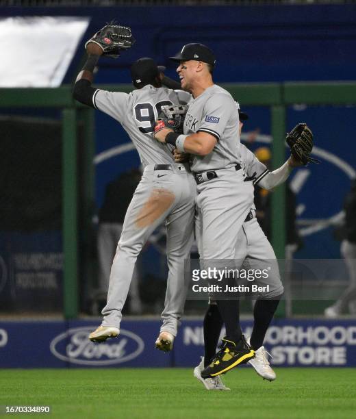 Aaron Judge of the New York Yankees celebrates with Estevan Florial and Oswaldo Cabrera after the final out in a 6-3 win over the Pittsburgh Pirates...