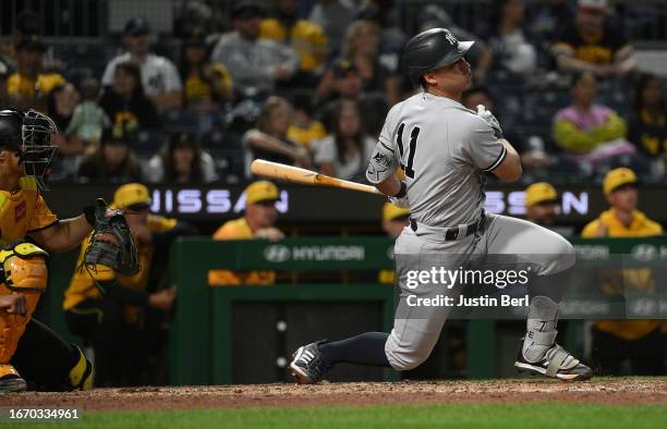 Anthony Volpe of the New York Yankees singles in the ninth inning during the game against the Pittsburgh Pirates at PNC Park on September 16, 2023 in...