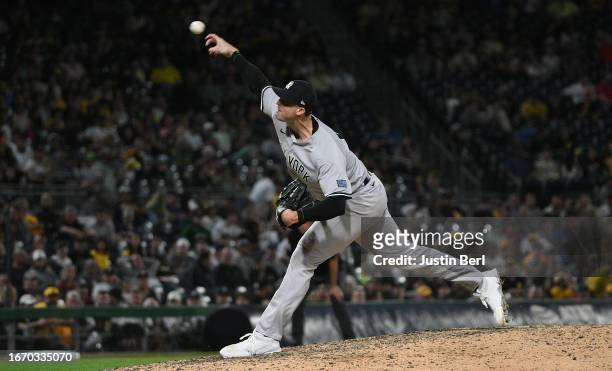 Clay Holmes of the New York Yankees delivers a pitch in the ninth inning during the game against the Pittsburgh Pirates at PNC Park on September 16,...