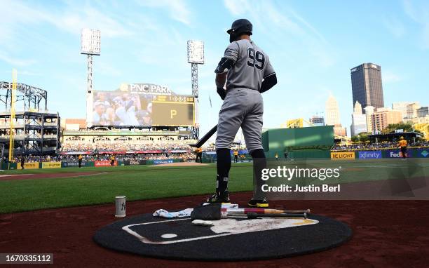 Aaron Judge of the New York Yankees waits on deck in the first inning during the game against the Pittsburgh Pirates at PNC Park on September 16,...