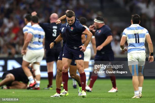 George Ford of England celebrates after scoring a third drop goal during the Rugby World Cup France 2023 match between England and Argentina at Stade...