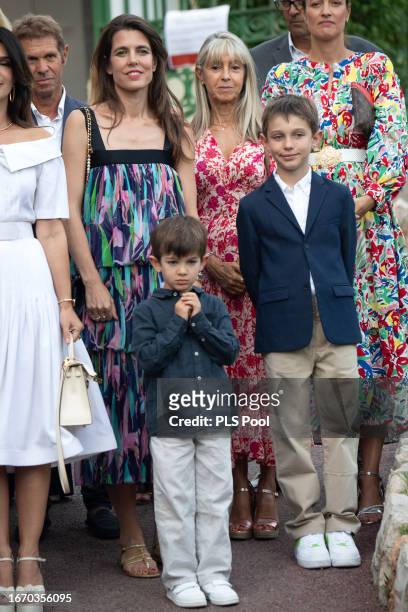 Charlotte Casiraghi-Rassam poses with sons Raphael Elmaleh and Balthazar Casiraghi- Rassam as they attend the traditional Monaco picnic on September...