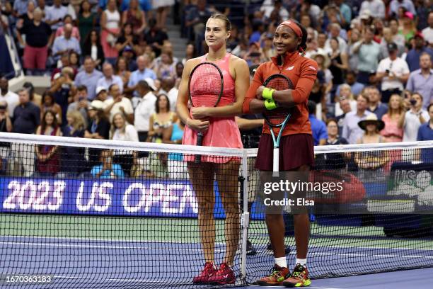 Aryna Sabalenka of Belarus and Coco Gauff of the United States pose for a photo prior to their Women's Singles Final match on Day Thirteen of the...