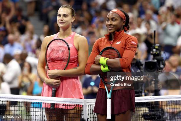 Aryna Sabalenka of Belarus and Coco Gauff of the United States pose for a photo prior to their Women's Singles Final match on Day Thirteen of the...