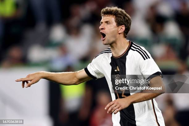 Thomas Mueller of Germany reacts during the international friendly match between Germany and Japan at Volkswagen Arena on September 09, 2023 in...