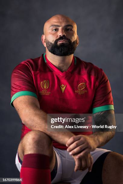 Mike Tadjer of Portugal poses for a portrait during the Portugal Rugby World Cup 2023 Squad photocall on September 05, 2023 in Perpignan, France.