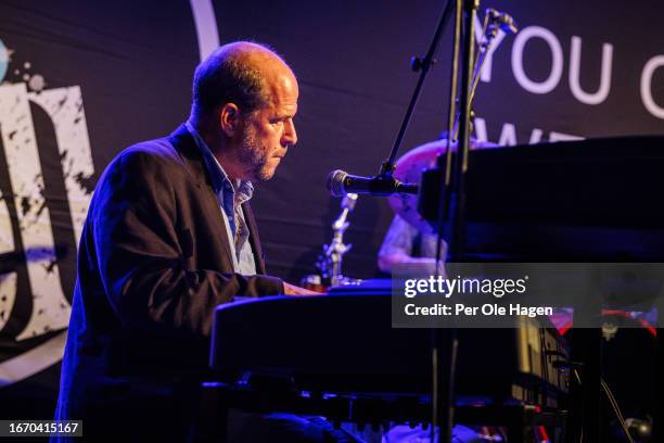 Jeremy Berlin prforms on stage with Johnny Hoy performs and The Bluefish at the Blues in Hell festival on September 09, 2023 in Stjordal, Norway.