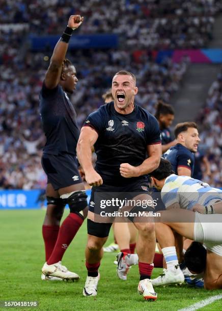 Ben Earl of England celebrates during the Rugby World Cup France 2023 match between England and Argentina at Stade Velodrome on September 09, 2023 in...