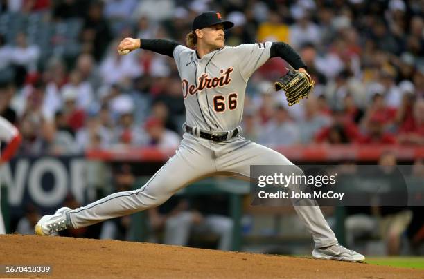 Sawyer Gipson-Long of the Detroit Tigers pitches against the Los Angeles Angels in the first inning at Angel Stadium of Anaheim on September 16, 2023...