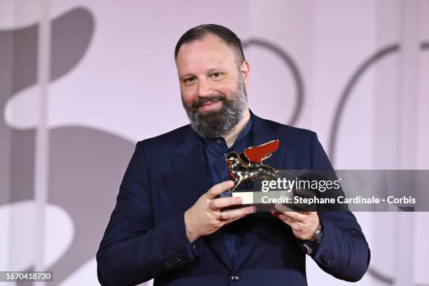 Yorgos Lanthimos poses with the Golden Lion for Best Film for 'Poor Things' at the winner's photocall at the 80th Venice International Film Festival...