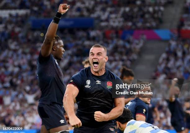 Ben Earl of England celebrates as Referee Mathieu Raynal awards a penalty to England during the Rugby World Cup France 2023 match between England and...