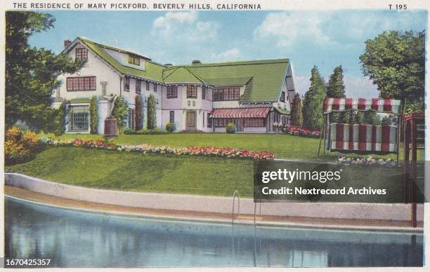 Vintage souvenir postcard published ca 1928 from the Movie Star Homes series, depicting mansions and grand beach estates of Hollywood celebrities in...