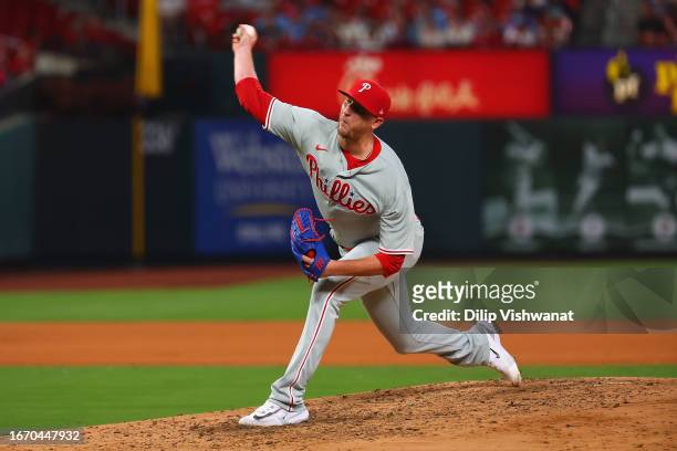 Jeff Hoffman of the Philadelphia Phillies delivers a pitch against the St. Louis Cardinals in the seventh inning at Busch Stadium on September 16,...