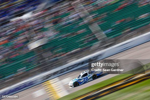 John Hunter Nemechek, driver of the Pye Barker Fire & Safety Toyota, drives during the NASCAR Xfinity Series Kansas Lottery 300 at Kansas Speedway on...