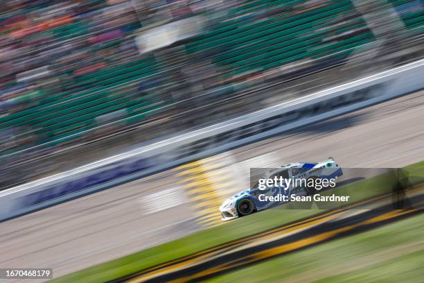 John Hunter Nemechek, driver of the Pye Barker Fire & Safety Toyota, drives during the NASCAR Xfinity Series Kansas Lottery 300 at Kansas Speedway on...