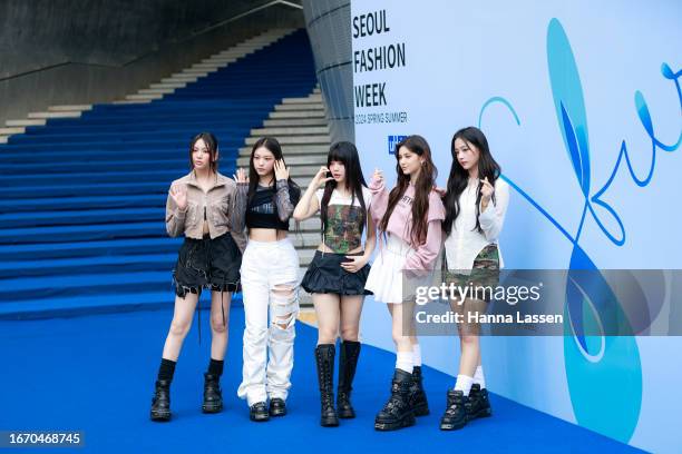 Minji, Hanni, Danielle, Haerin, and Hyein of girl group NewJeans pose at the UL:KIN show at Seoul Fashion Week SS 24 at DDP on September 05, 2023 in...